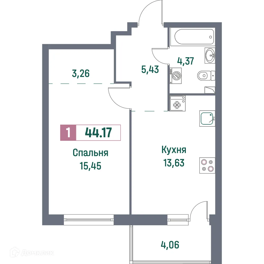 Планировка 1-комнатной квартиры 44.17 м² в ЖК "Фотограф", г. Мурино — фото 1