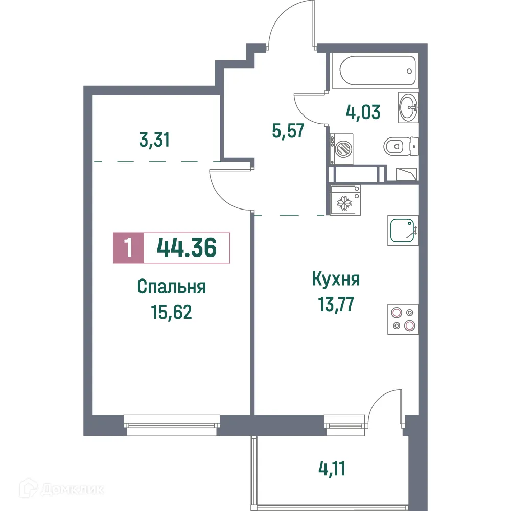 Планировка 1-комнатной квартиры 44.36 м² в ЖК "Фотограф", г. Мурино — фото 1