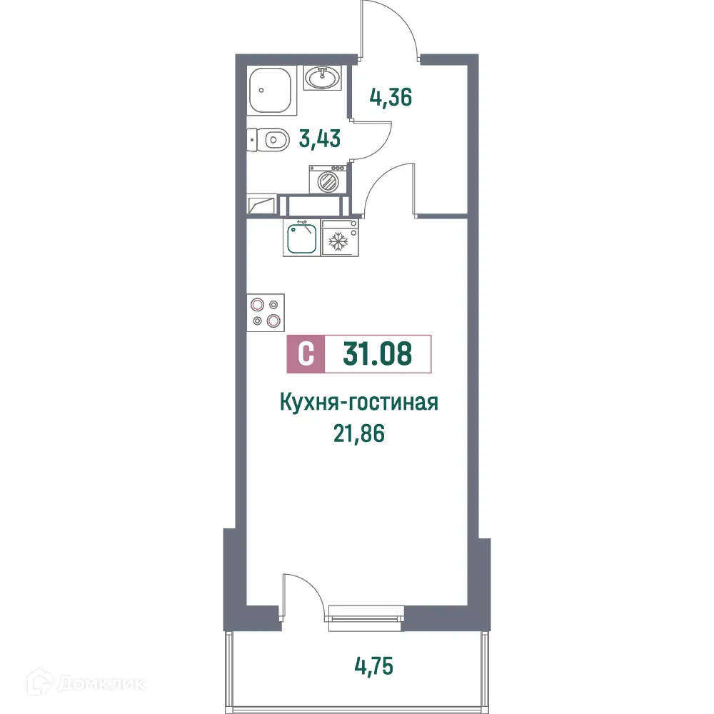 Планировка студии квартиры 31.08 м² в ЖК "Фотограф", г. Мурино — фото 1
