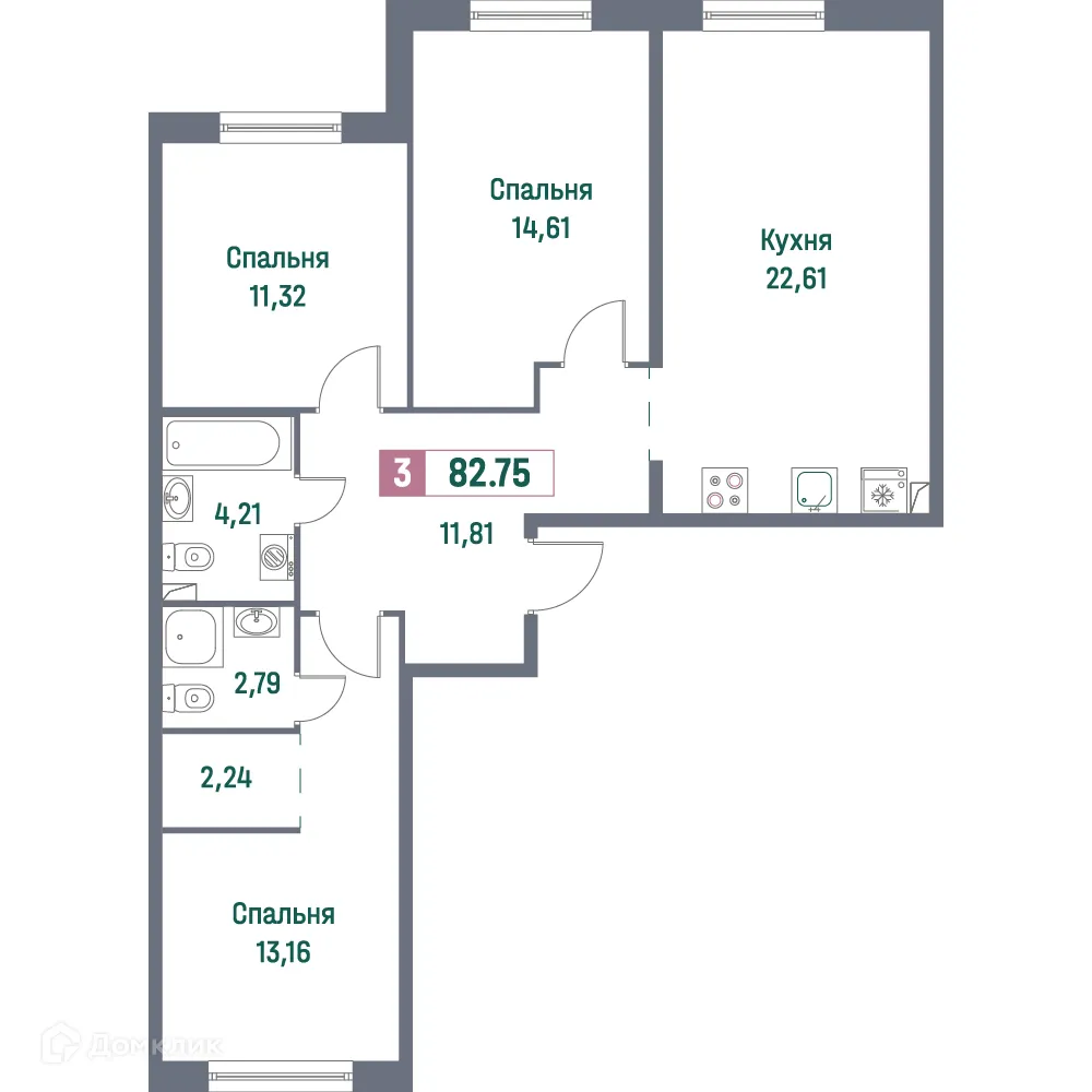 Планировка 3-комнатной квартиры 82.75 м² в ЖК "Фотограф", г. Мурино — фото 1