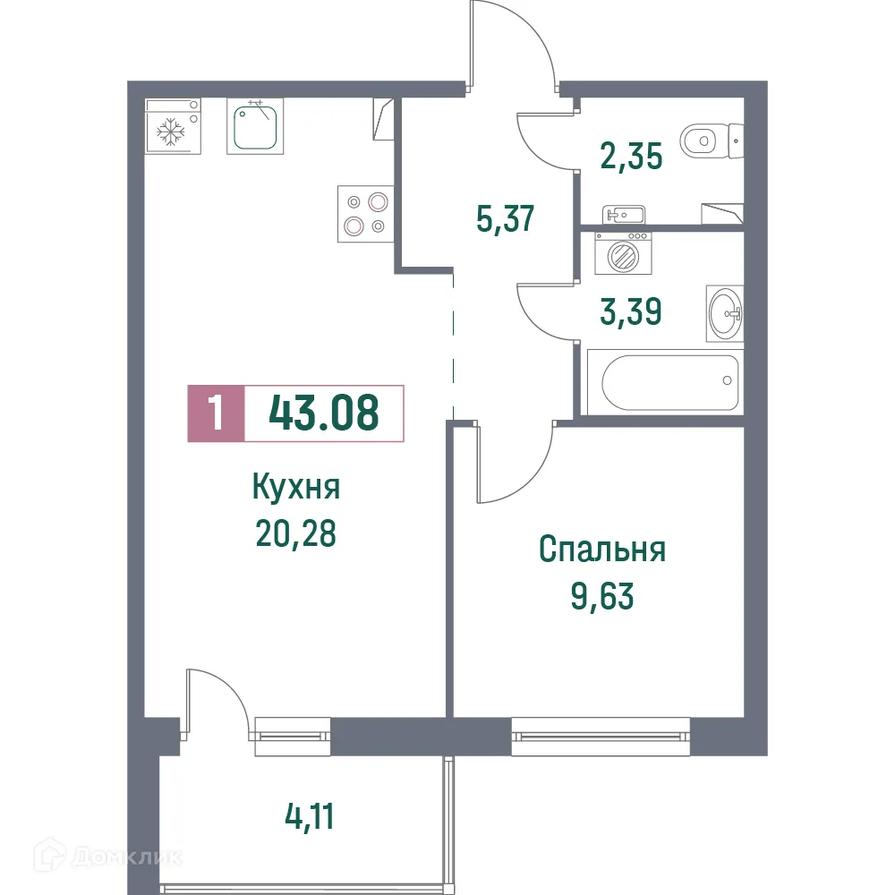 Планировка 1-комнатной квартиры 43.08 м² в ЖК "Фотограф", г. Мурино — фото 1