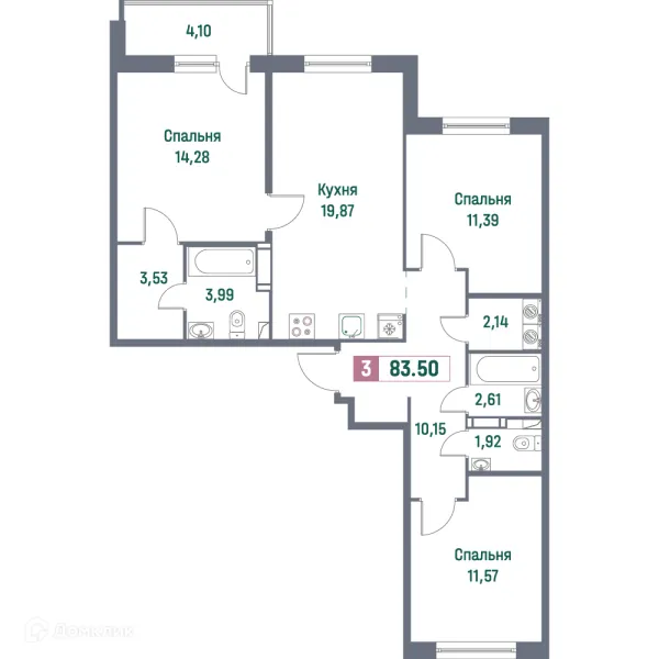 Планировка 3 комн. в ЖК "Фотограф"