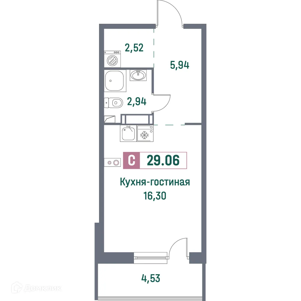 Планировка студии квартиры 29.06 м² в ЖК "Фотограф", г. Мурино — фото 1
