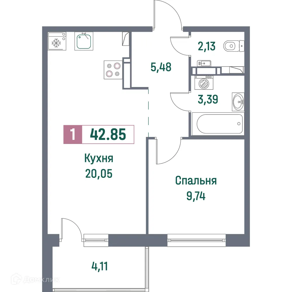 Планировка 1-комнатной квартиры 42.85 м² в ЖК "Фотограф", г. Мурино — фото 1