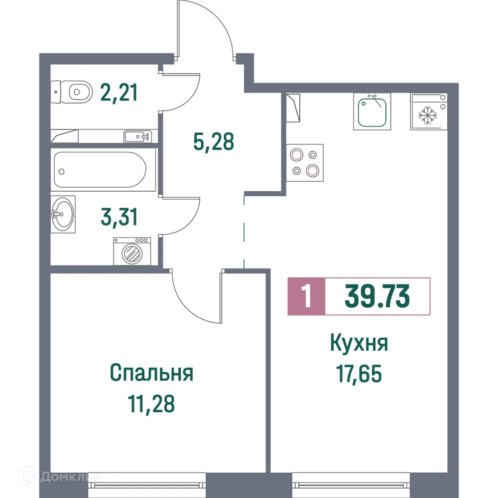 Планировка 1-комнатной квартиры 39.73 м² в ЖК "Фотограф", г. Мурино — фото 1
