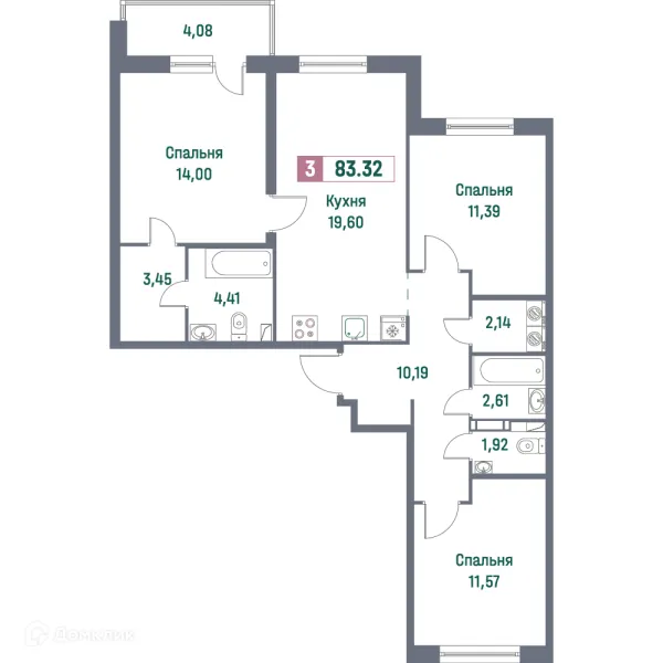 Планировка 3 комн. в ЖК "Фотограф"