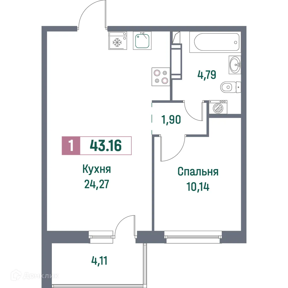 Планировка 1-комнатной квартиры 43.16 м² в ЖК "Фотограф", г. Мурино — фото 1