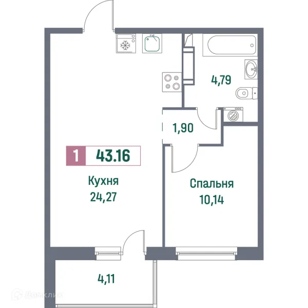 Планировка 1 комн. в ЖК "Фотограф"
