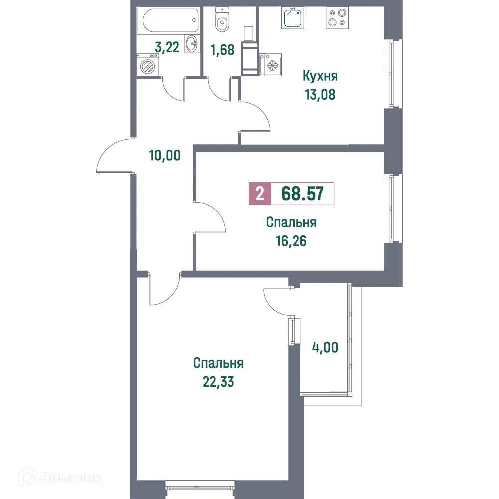 Планировка 2-комнатной квартиры 68.57 м² в ЖК "Фотограф", г. Мурино — фото 1