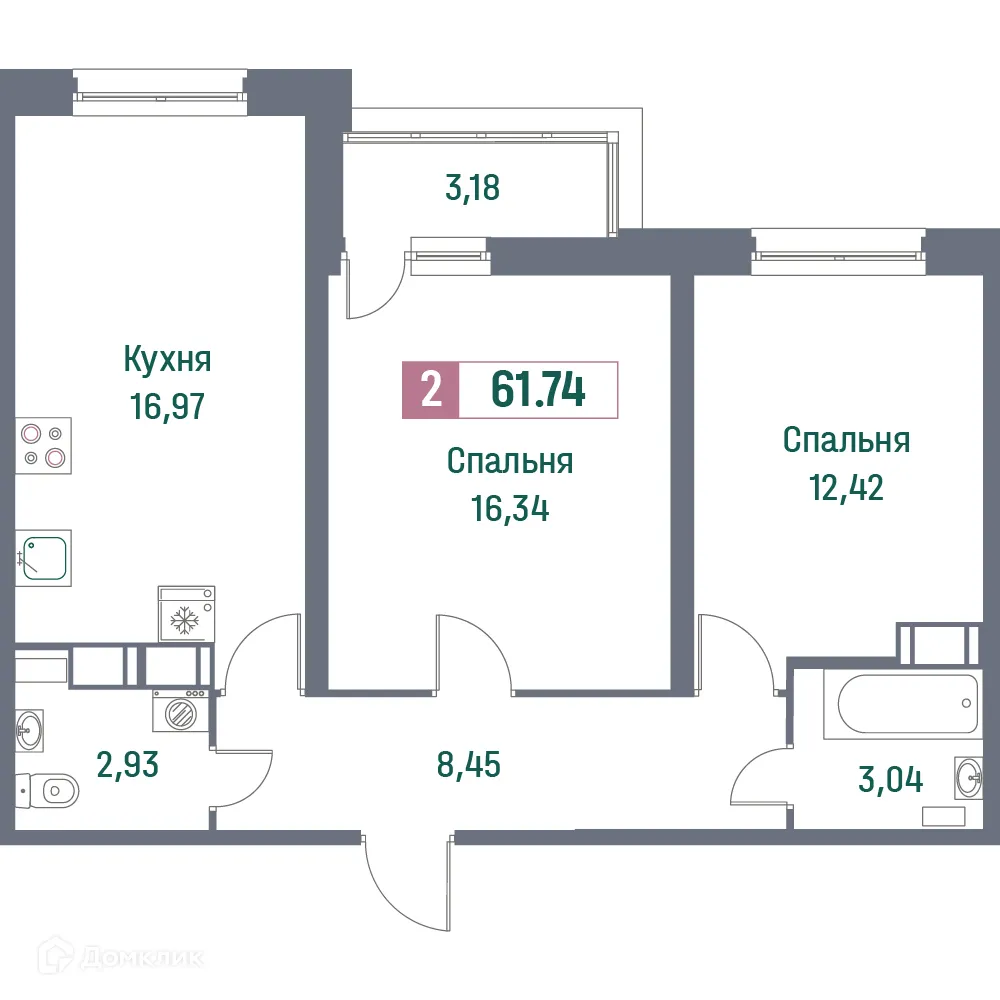 Планировка 2-комнатной квартиры 61.74 м² в ЖК "Фотограф", г. Мурино — фото 1