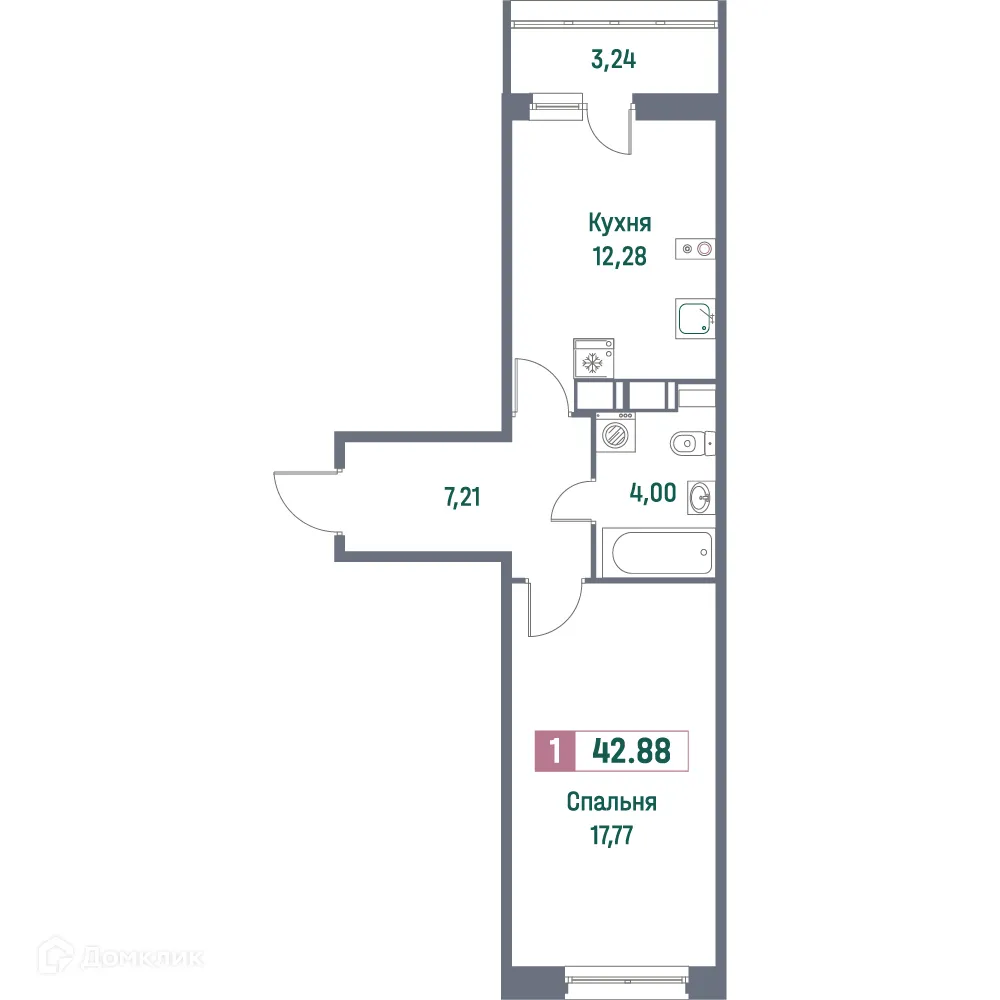 Планировка 1-комнатной квартиры 42.88 м² в ЖК "Фотограф", г. Мурино — фото 1