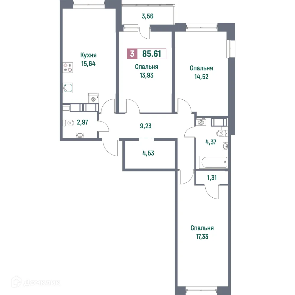 Планировка 3-комнатной квартиры 85.61 м² в ЖК "Фотограф", г. Мурино — фото 1