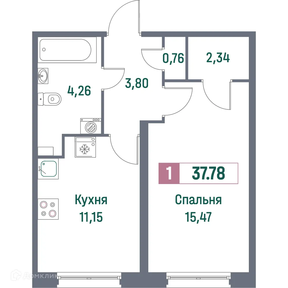 Планировка 1-комнатной квартиры 37.78 м² в ЖК "Фотограф", г. Мурино — фото 1