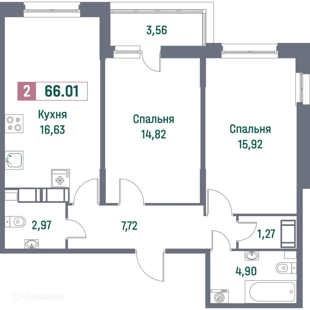 Планировка 2-комнатной квартиры 66.01 м² в ЖК "Фотограф", г. Мурино — фото 1