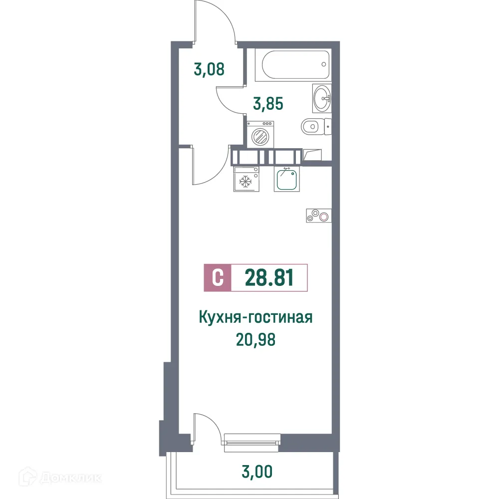 Планировка студии квартиры 28.81 м² в ЖК "Фотограф", г. Мурино — фото 1
