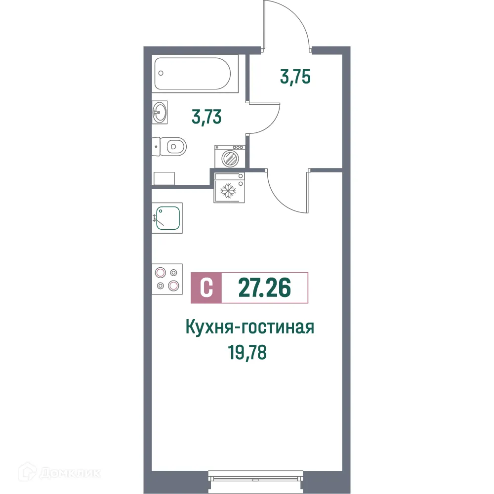 Планировка студии квартиры 27.26 м² в ЖК "Фотограф", г. Мурино — фото 1
