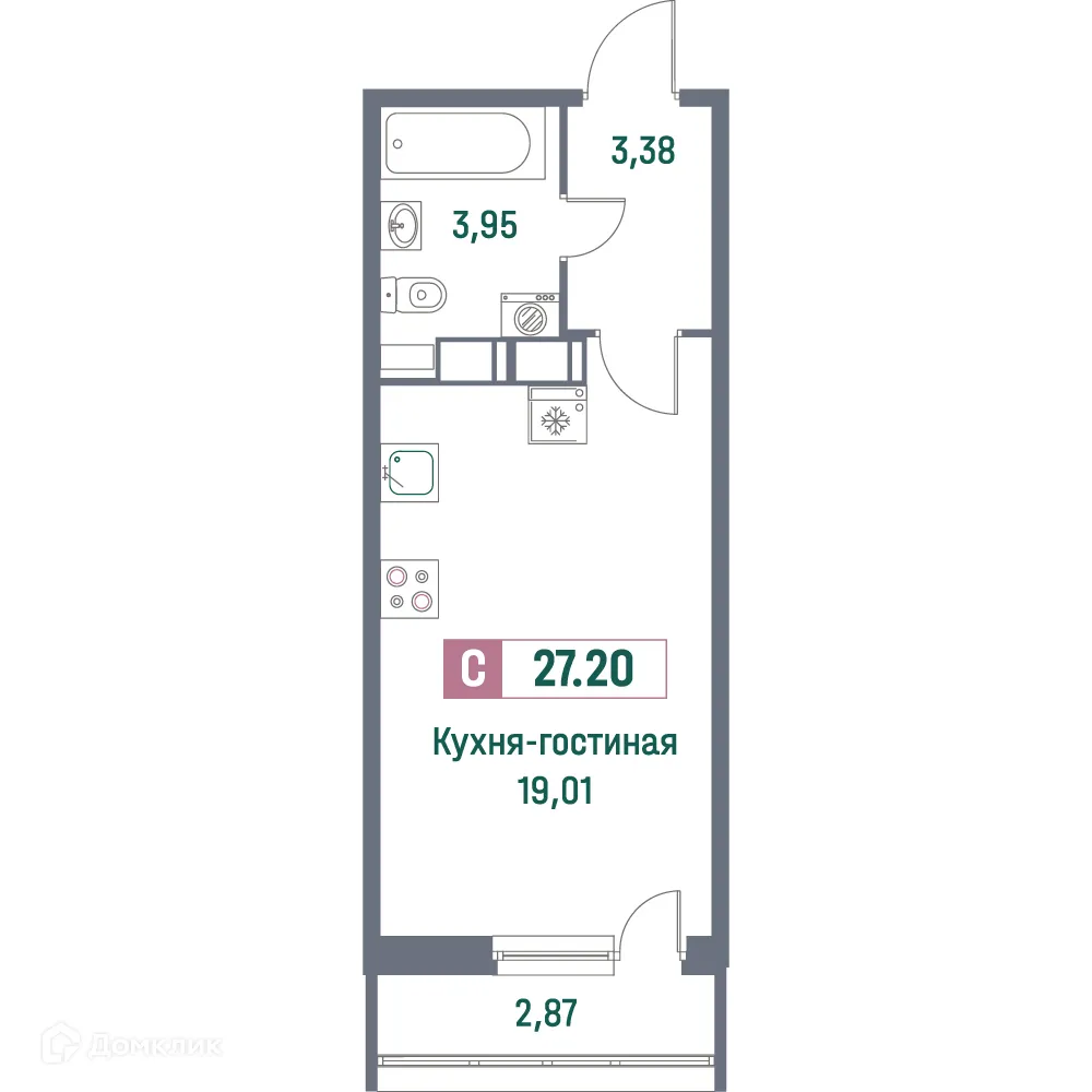 Планировка студии квартиры 27.2 м² в ЖК "Фотограф", г. Мурино — фото 1