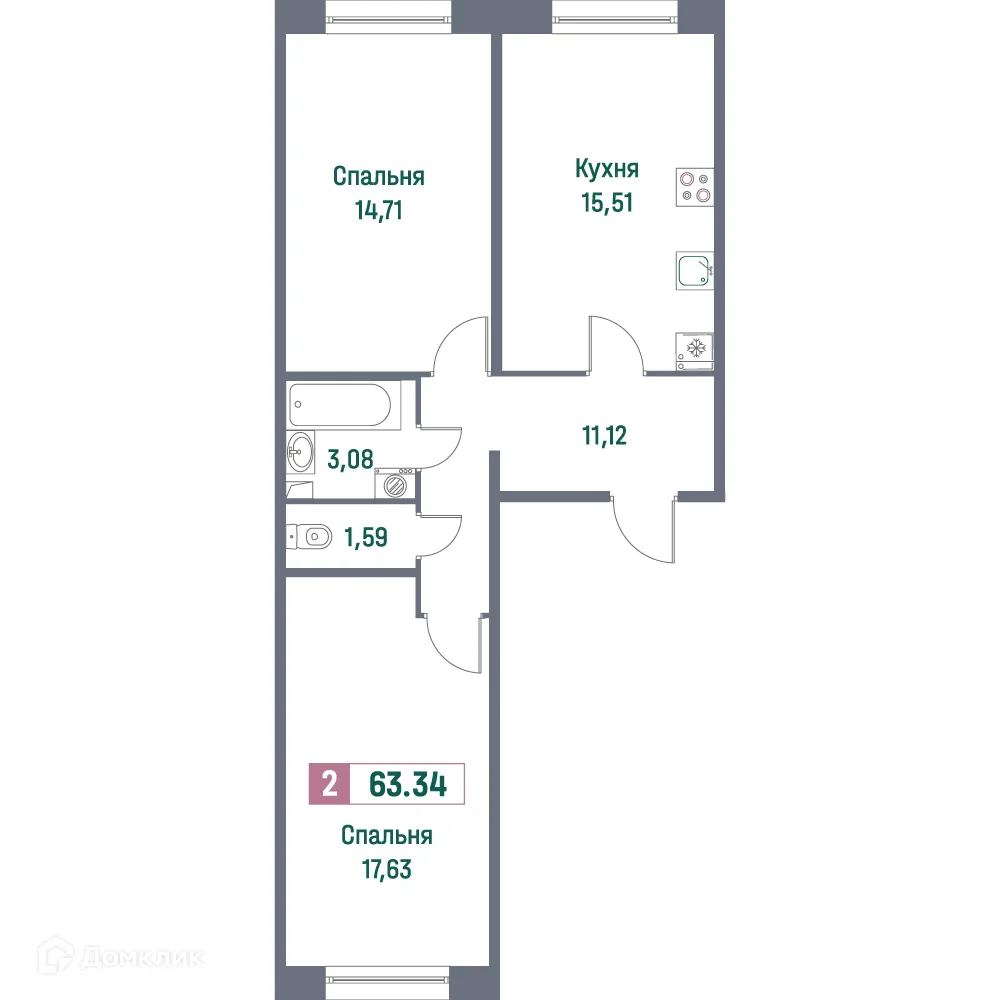 Планировка 2-комнатной квартиры 63.34 м² в ЖК "Фотограф", г. Мурино — фото 1