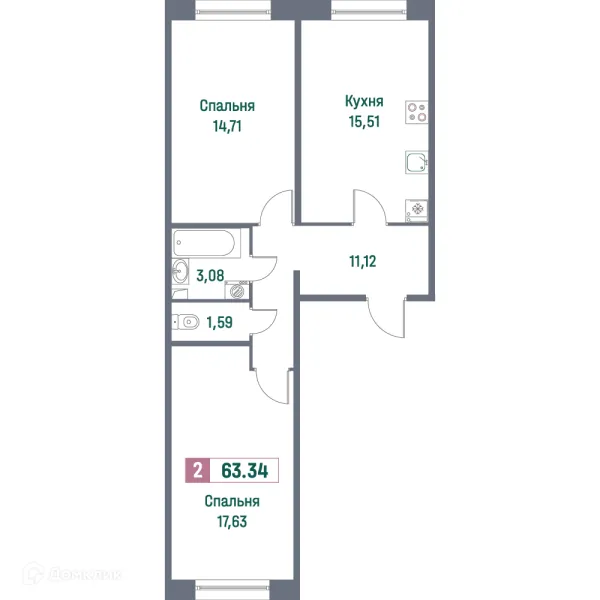 Планировка 2 комн. в ЖК "Фотограф"