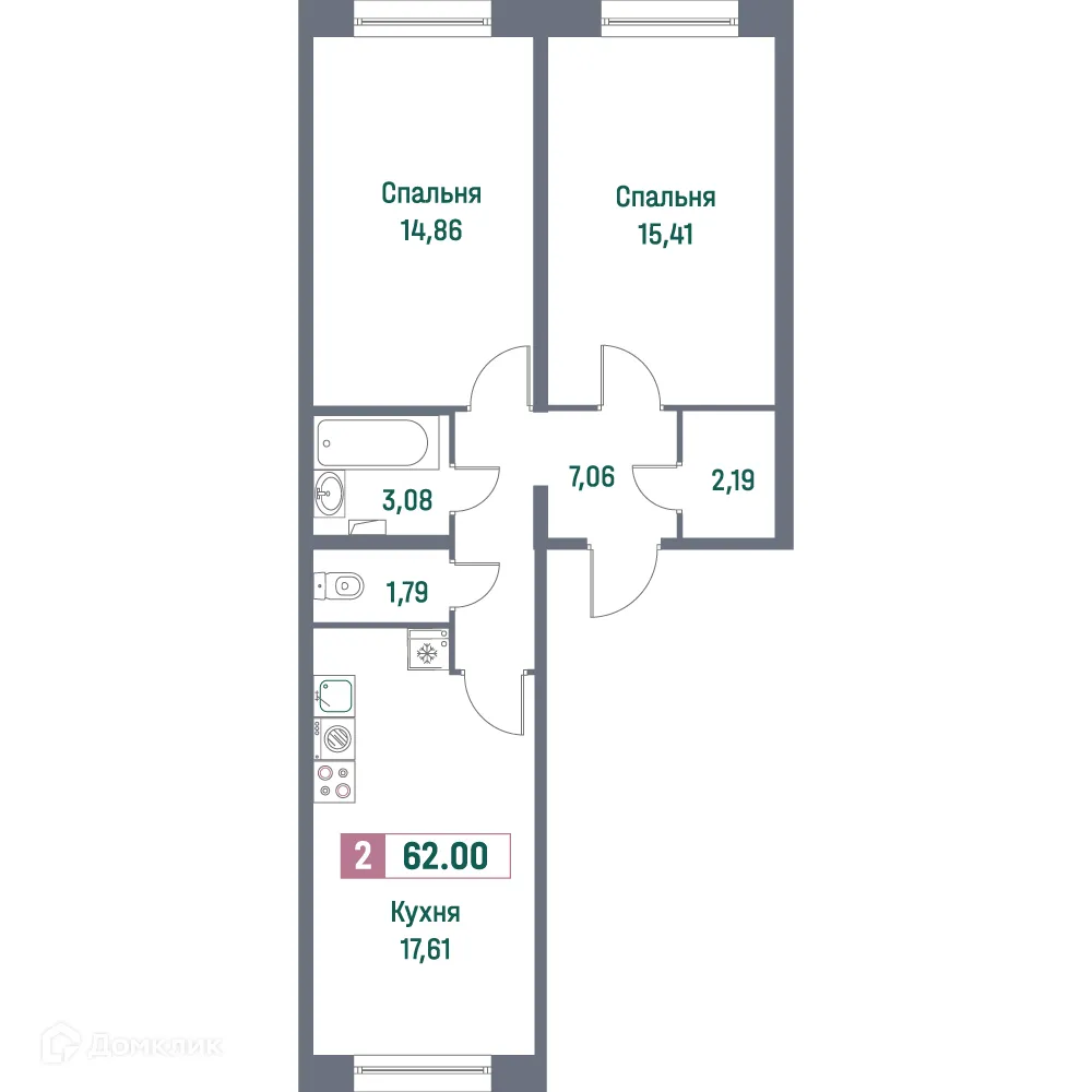 Планировка 2-комнатной квартиры 62 м² в ЖК "Фотограф", г. Мурино — фото 1