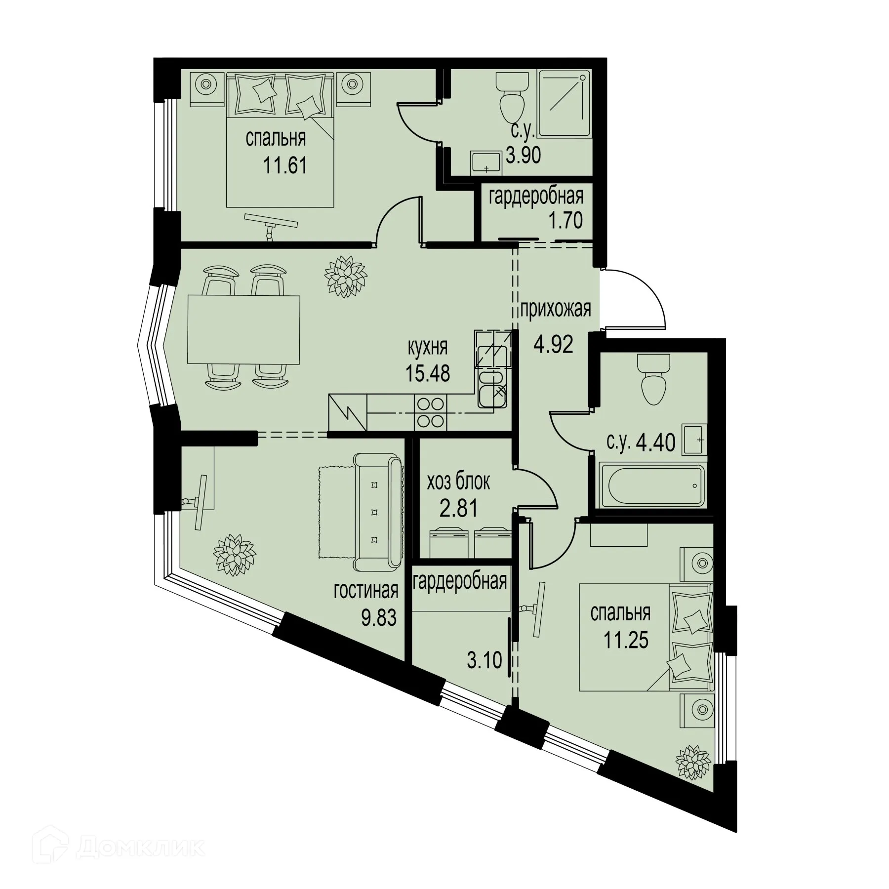 Планировка 3-комнатной квартиры 69 м² в ЖК ID Murino III (Ай ди Мурино III), г. Мурино — фото 1