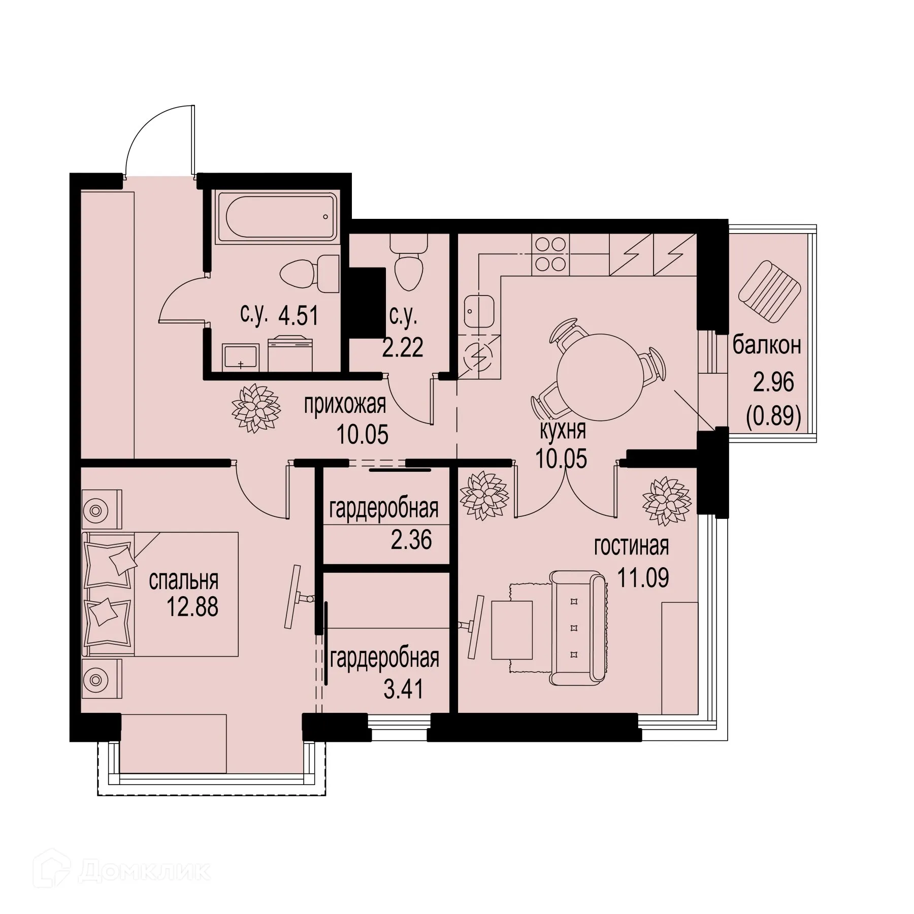 Планировка 2-комнатной квартиры 57.46 м² в ЖК ID Murino III (Ай ди Мурино III), г. Мурино — фото 1