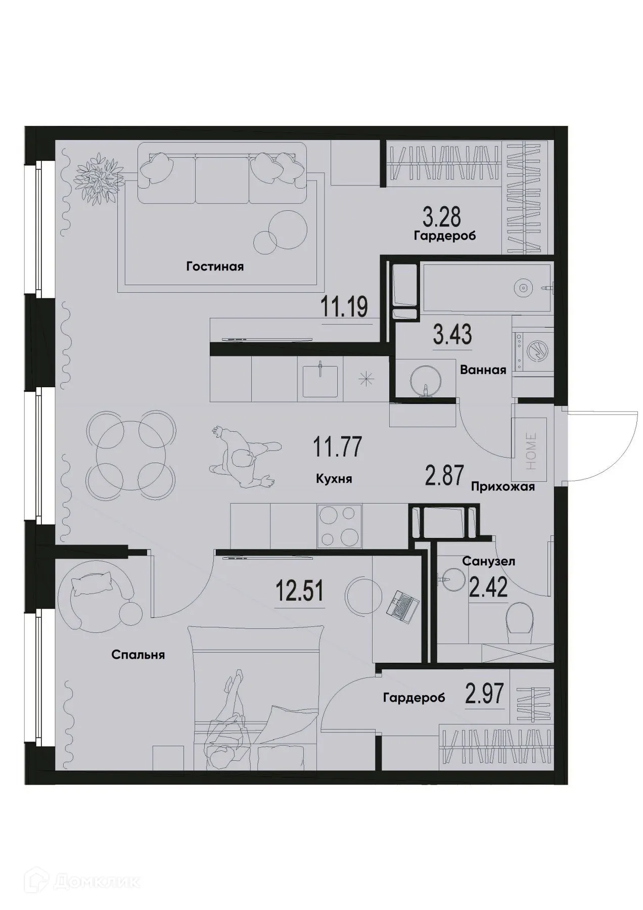 Планировка 2-комнатной квартиры 50.44 м² в ЖК ID Murino III (Ай ди Мурино III), г. Мурино — фото 1