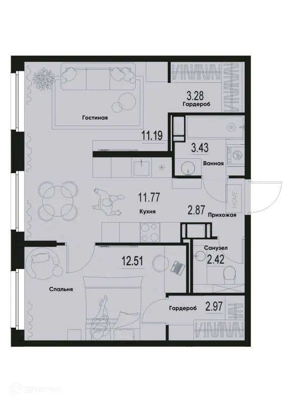 Планировка 2 комн. в ЖК ID Murino III (Ай ди Мурино III)