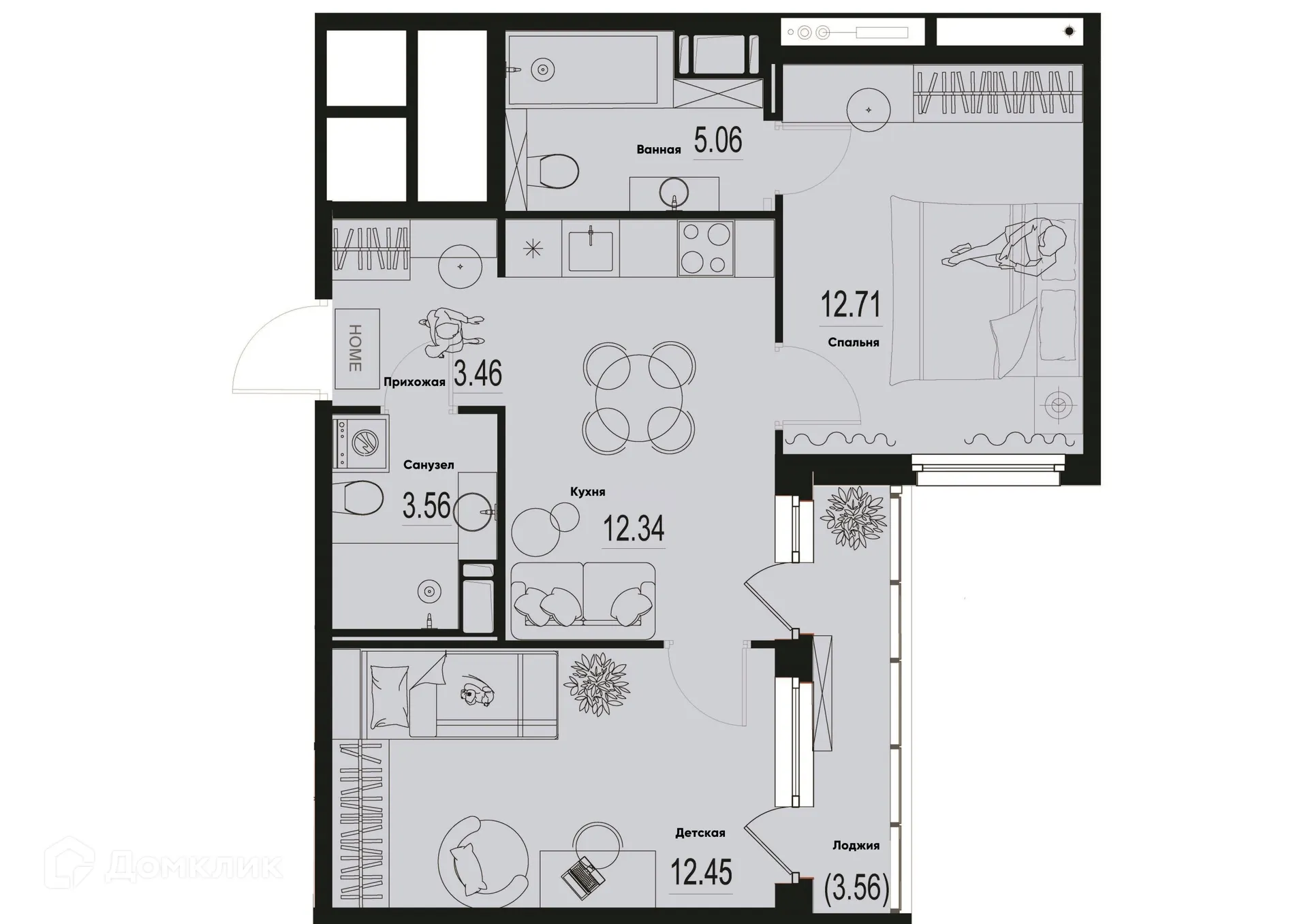 Планировка 2-комнатной квартиры 51.36 м² в ЖК ID Murino III (Ай ди Мурино III), г. Мурино — фото 1