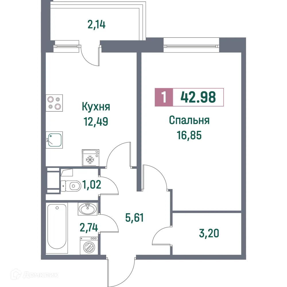 Планировка 1-комнатной квартиры 42.98 м² в ЖК "Фотограф", г. Мурино — фото 1