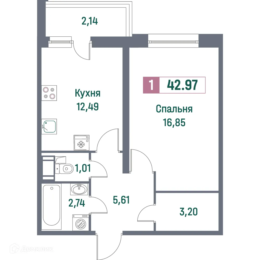 Планировка 1-комнатной квартиры 42.97 м² в ЖК "Фотограф", г. Мурино — фото 1