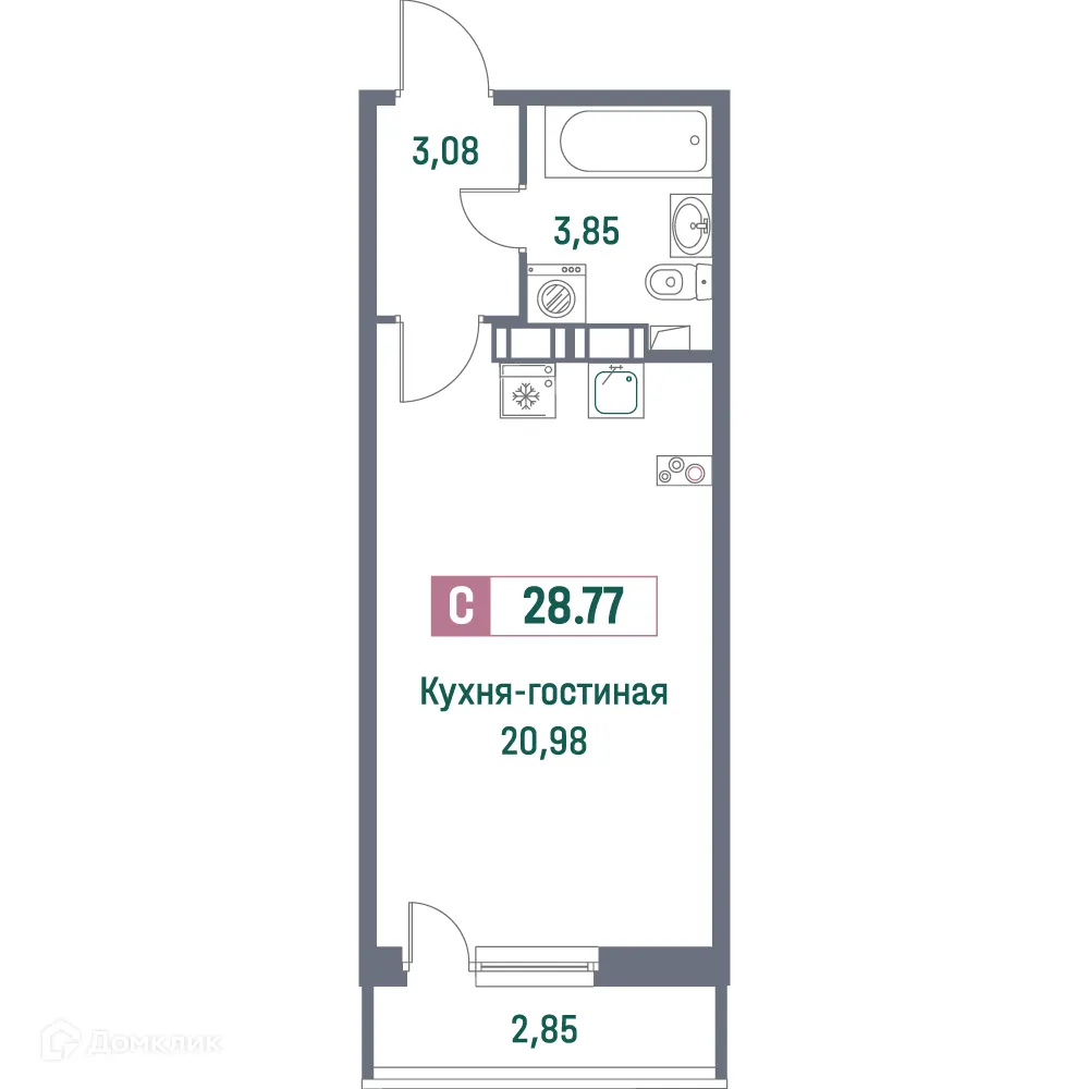 Планировка студии квартиры 28.77 м² в ЖК "Фотограф", г. Мурино — фото 1