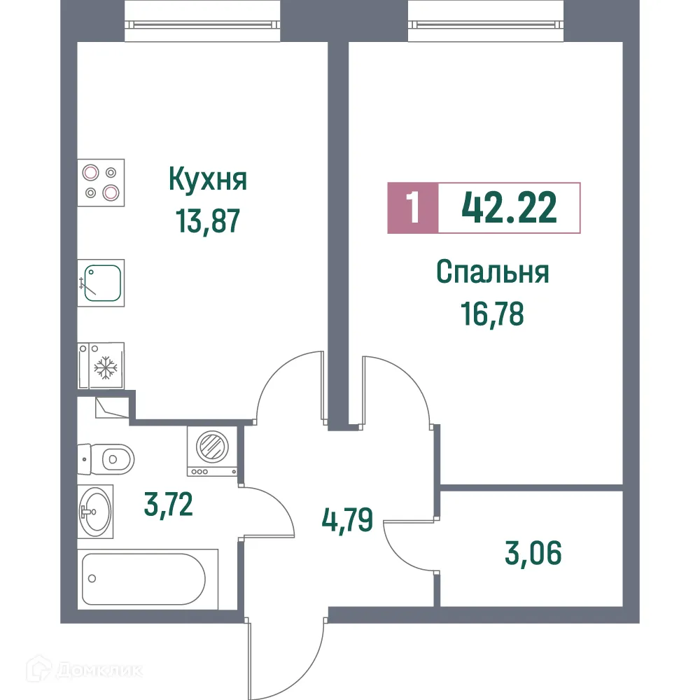 Планировка 1-комнатной квартиры 42.22 м² в ЖК "Фотограф", г. Мурино — фото 1