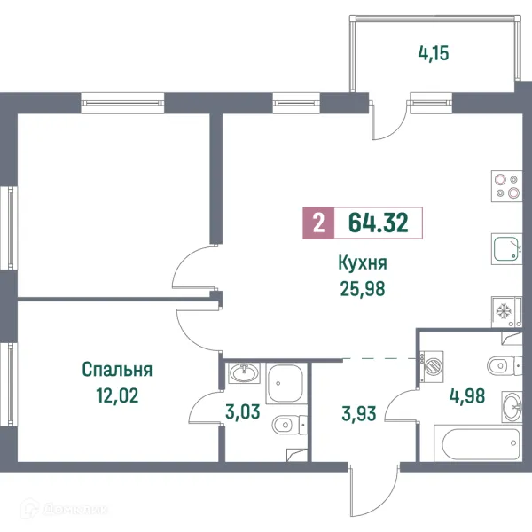 Планировка 2 комн. в ЖК "Фотограф"