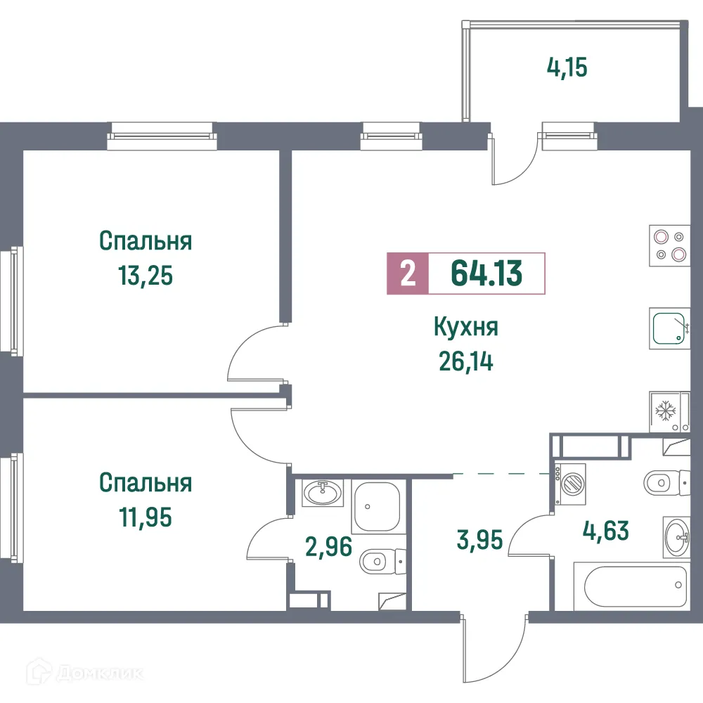 Планировка 2-комнатной квартиры 64.13 м² в ЖК "Фотограф", г. Мурино — фото 1