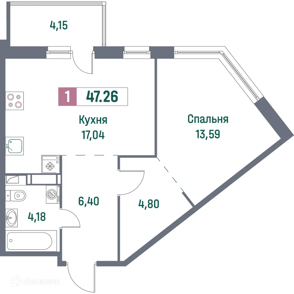 Планировка 1-комнатной квартиры 47.26 м² в ЖК "Фотограф", г. Мурино — фото 1