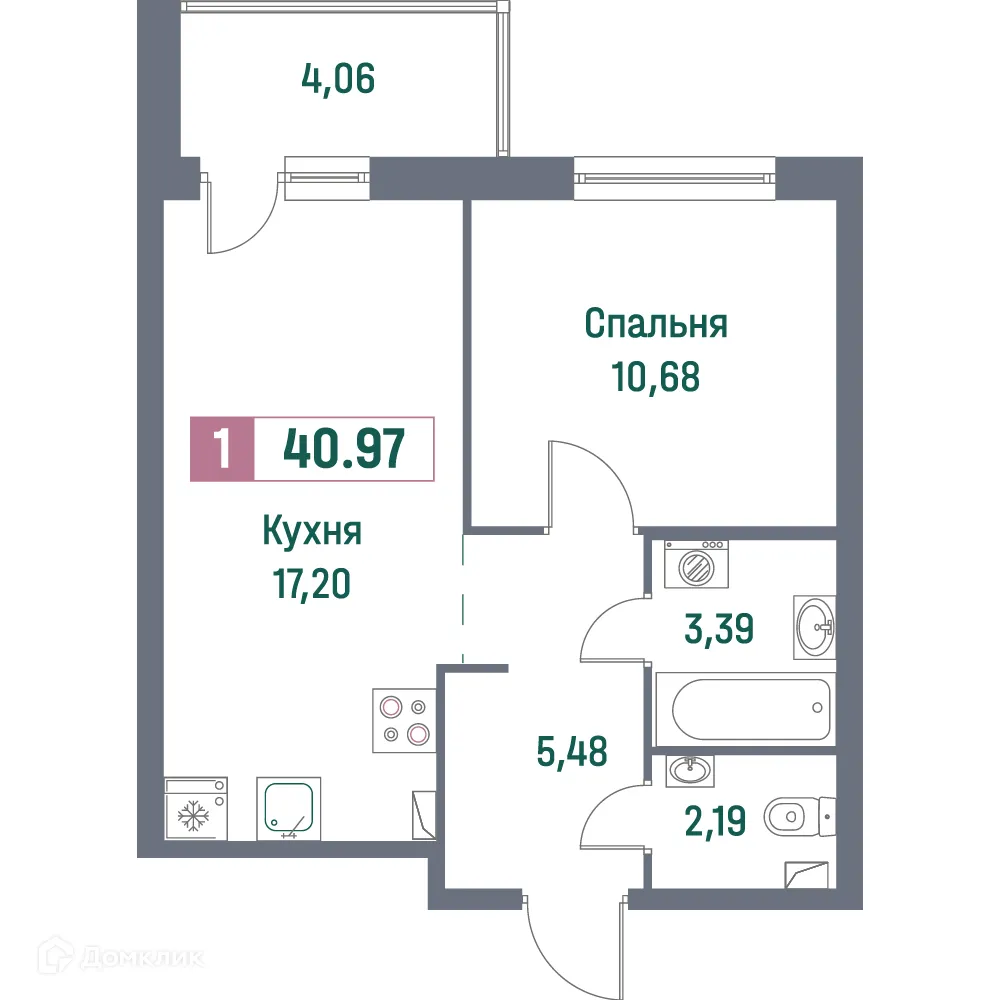 Планировка 1-комнатной квартиры 40.97 м² в ЖК "Фотограф", г. Мурино — фото 1