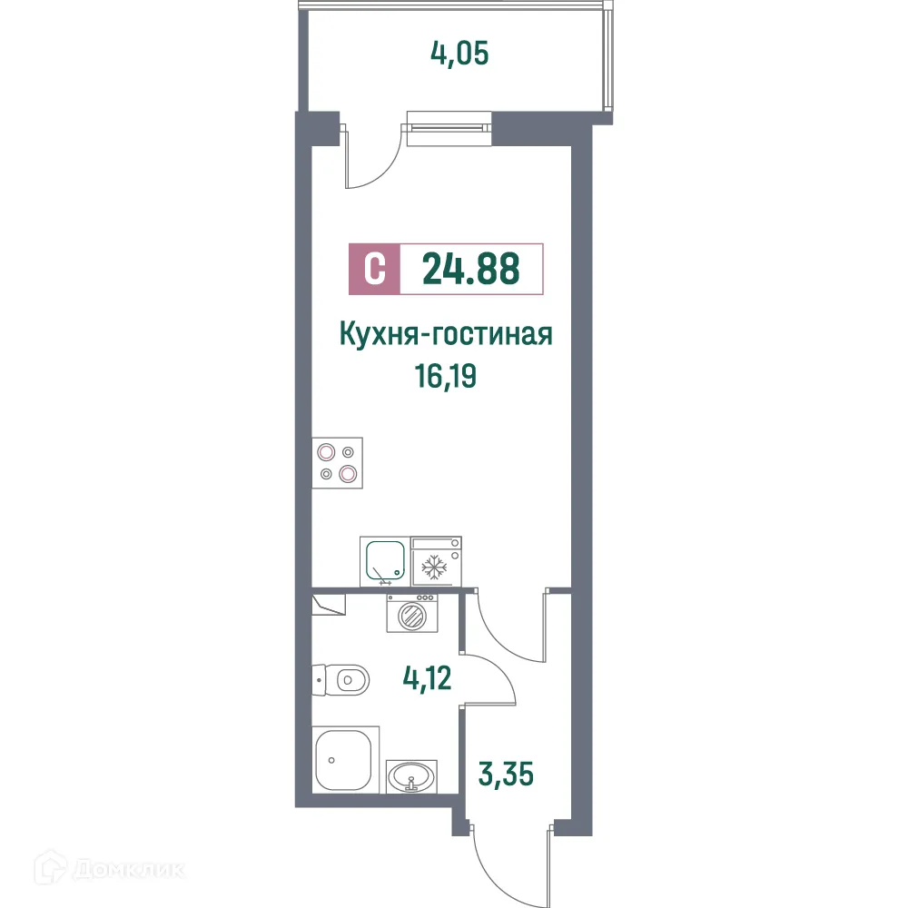 Планировка студии квартиры 24.88 м² в ЖК "Фотограф", г. Мурино — фото 1