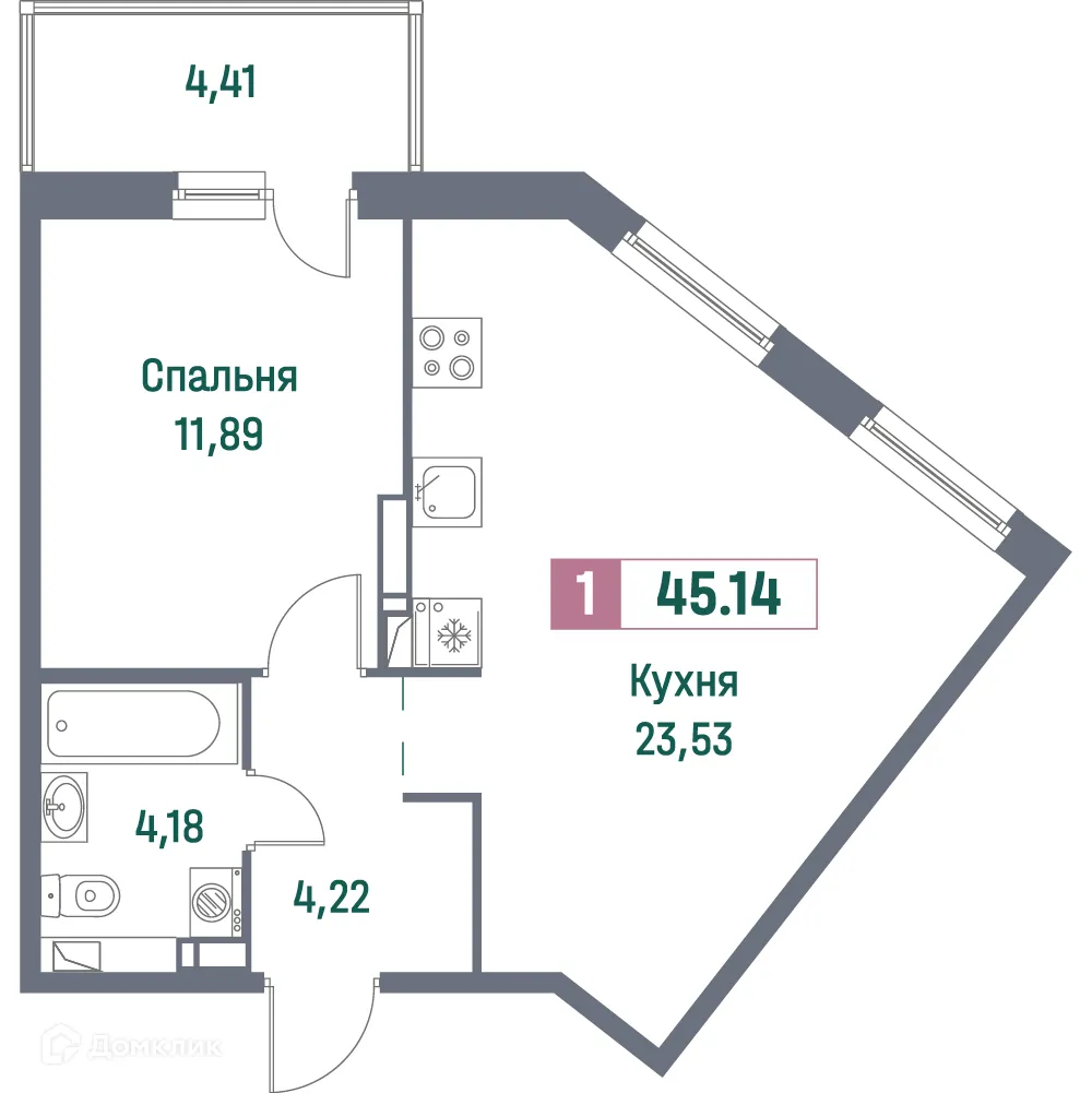 Планировка 1-комнатной квартиры 45.14 м² в ЖК "Фотограф", г. Мурино — фото 1