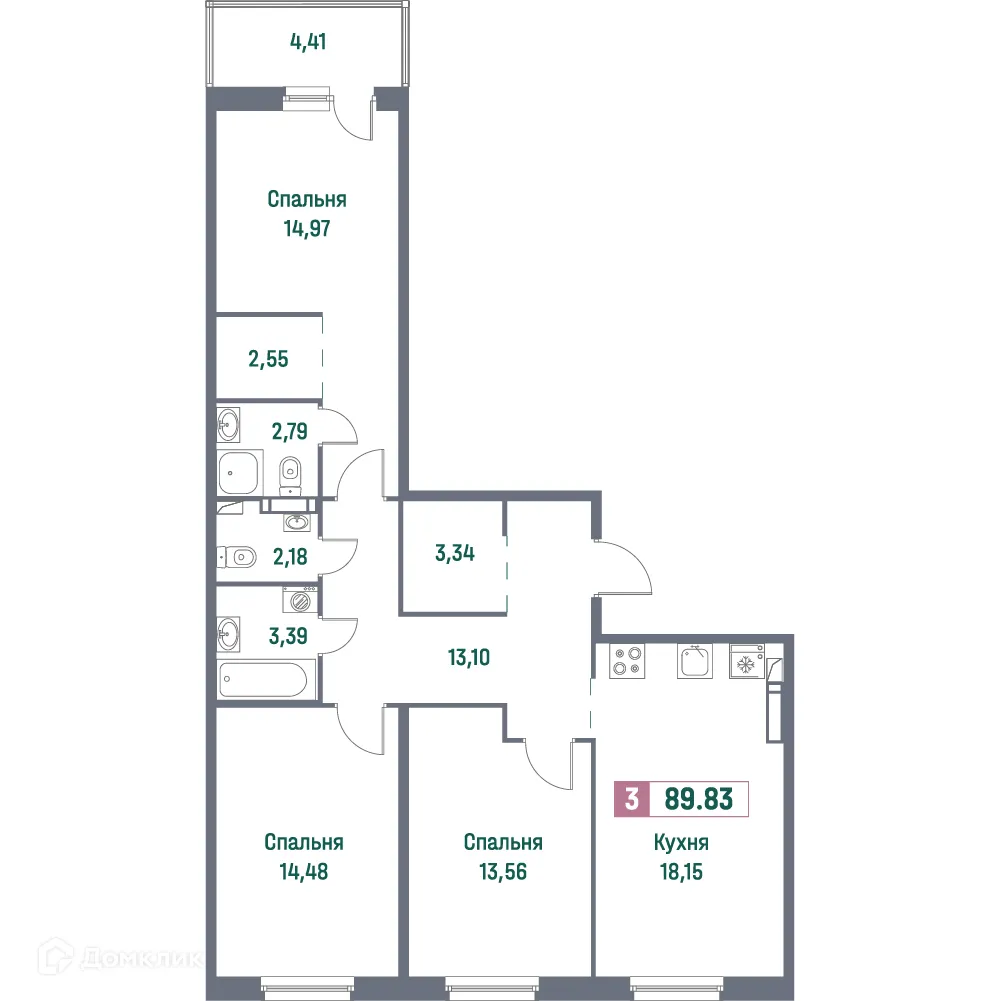 Планировка 3-комнатной квартиры 89.83 м² в ЖК "Фотограф", г. Мурино — фото 1