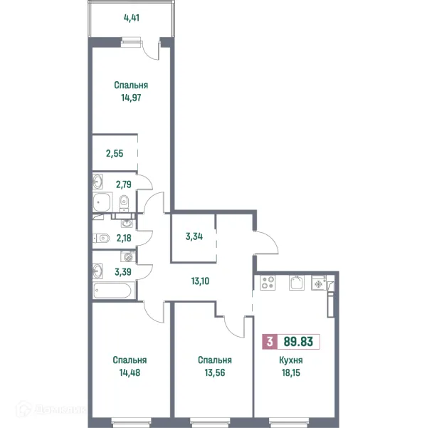 Планировка 3 комн. в ЖК "Фотограф"