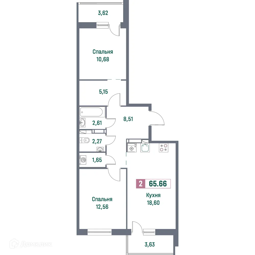Планировка 2-комнатной квартиры 65.66 м² в ЖК "Фотограф", г. Мурино — фото 1