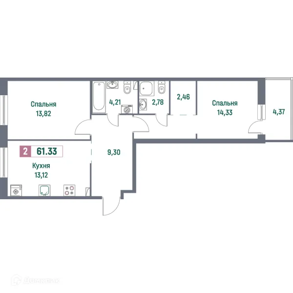 Планировка 2 комн. в ЖК "Фотограф"