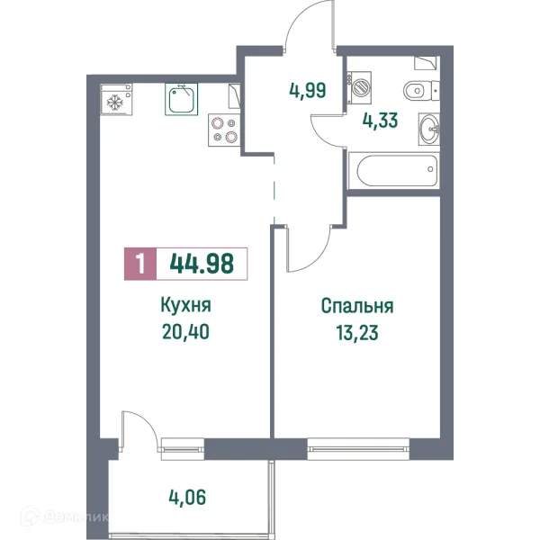 Планировка 1 комн. в ЖК "Фотограф"