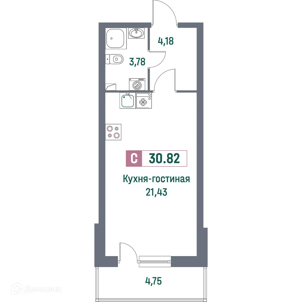 Планировка студии квартиры 30.82 м² в ЖК "Фотограф", г. Мурино — фото 1