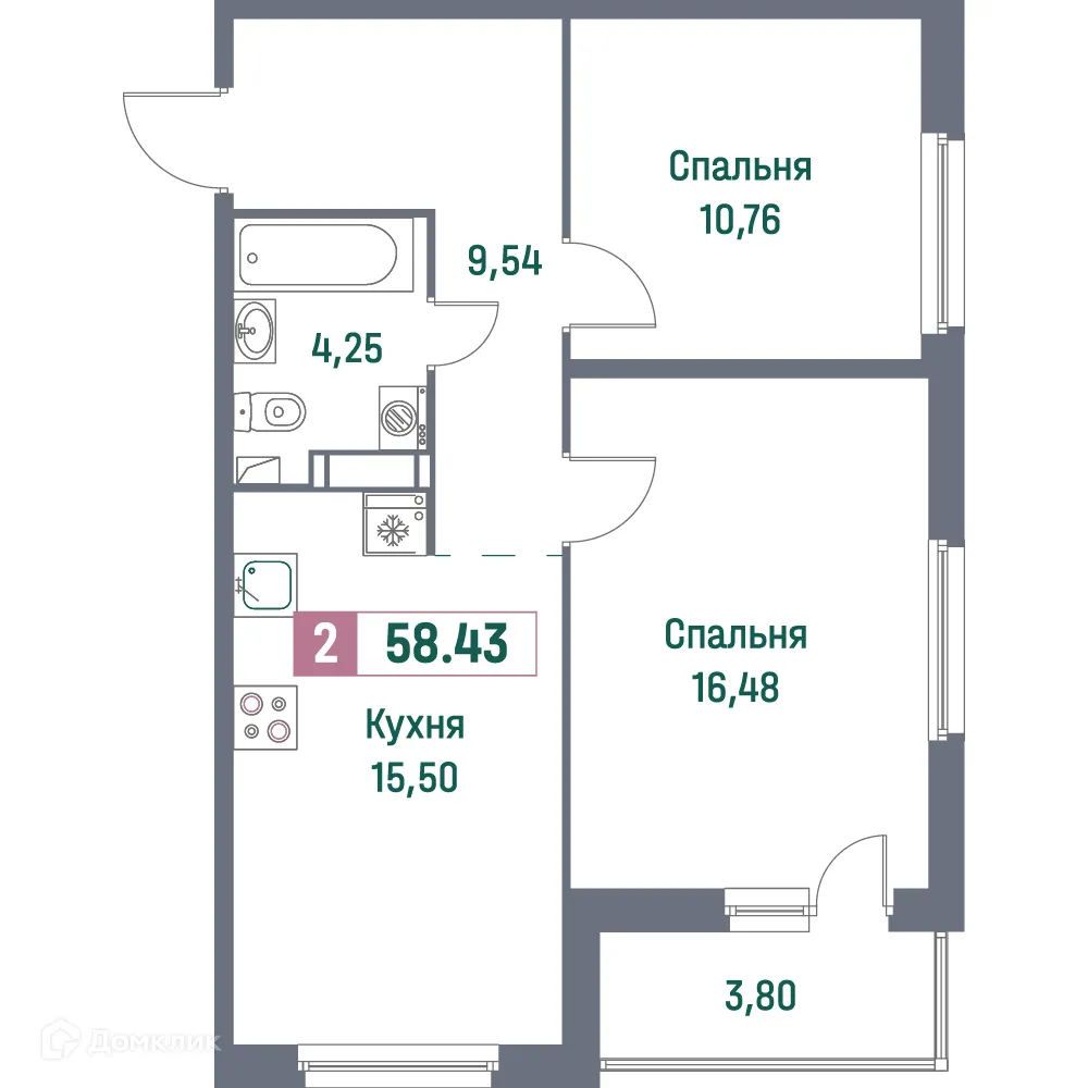 Планировка 2-комнатной квартиры 58.43 м² в ЖК "Фотограф", г. Мурино — фото 1