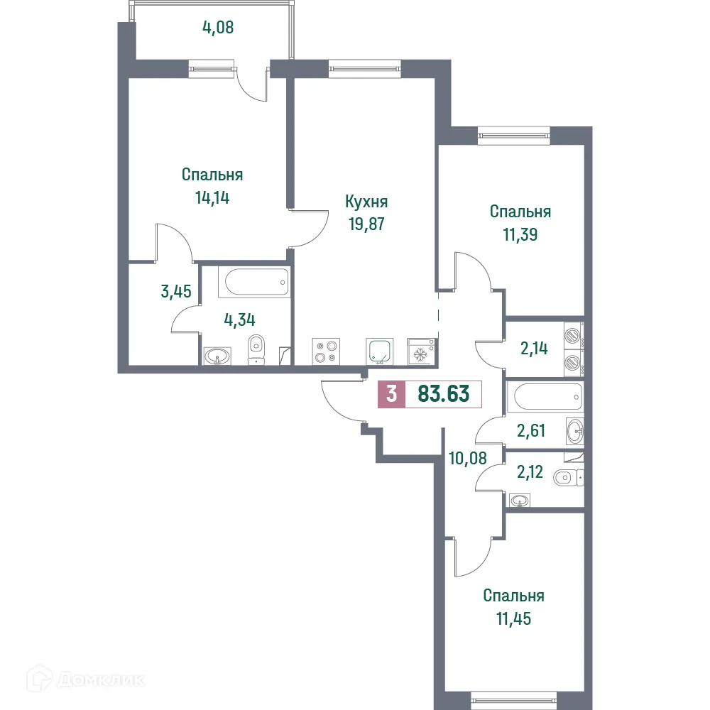 Планировка 3-комнатной квартиры 83.63 м² в ЖК "Фотограф", г. Мурино — фото 1