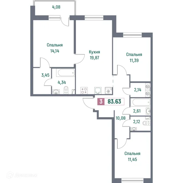 Планировка 3 комн. в ЖК "Фотограф"