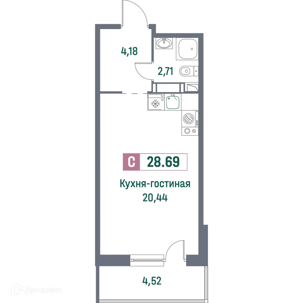 Планировка студии квартиры 28.69 м² в ЖК "Фотограф", г. Мурино — фото 1
