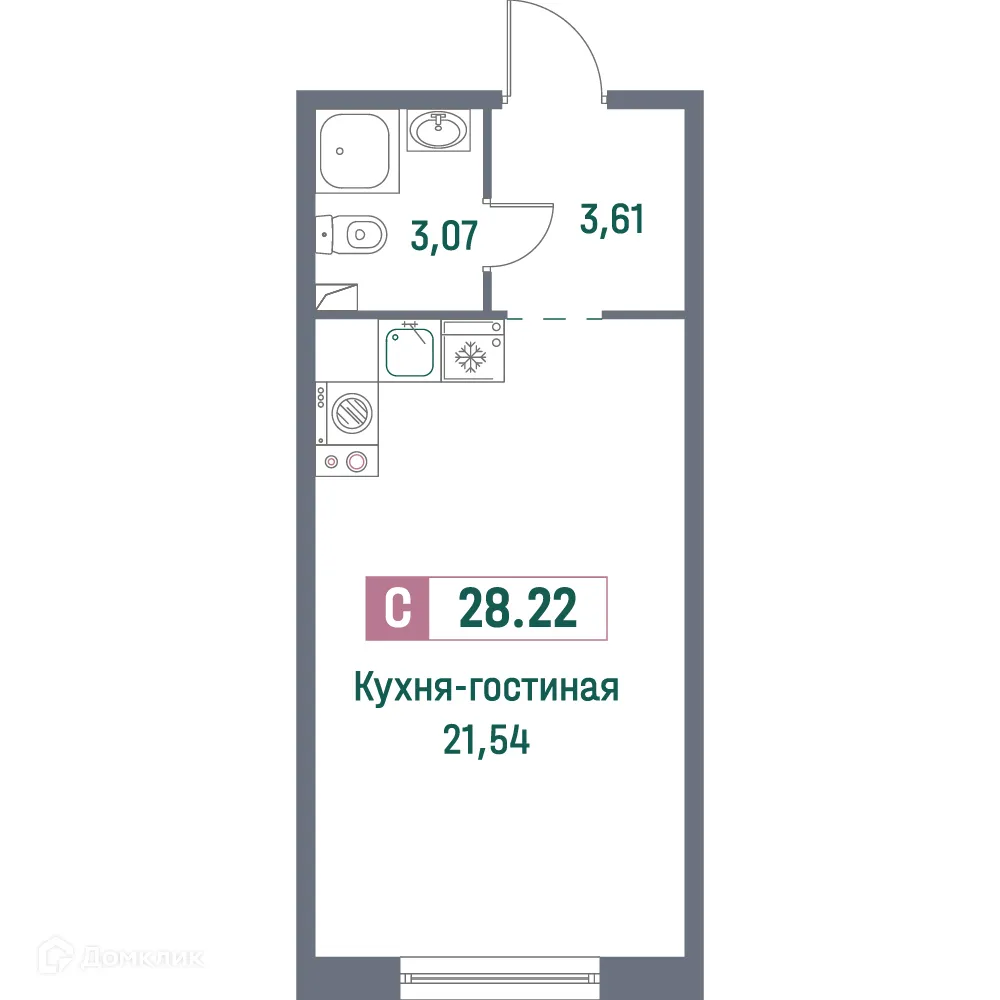 Планировка студии квартиры 28.22 м² в ЖК "Фотограф", г. Мурино — фото 1